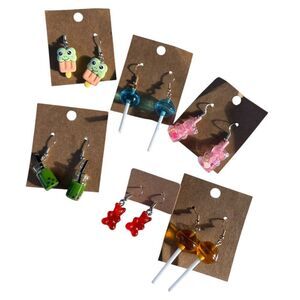 Handcrafted Novelty Dangle Earrings Set Of 6 Pairs With Cute Animal & Candy Desi